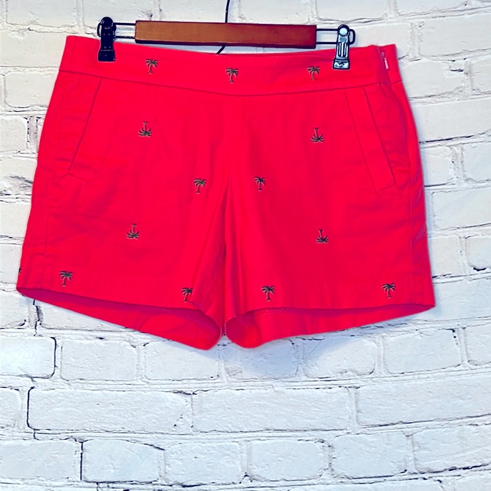 J. Crew Pink Green Palm Tree Embroidered Shorts Size 6 Excellent Condition